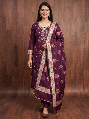 Purple Floral Woven With Handwork Chanderi Banarasi Dress Material - Image 1