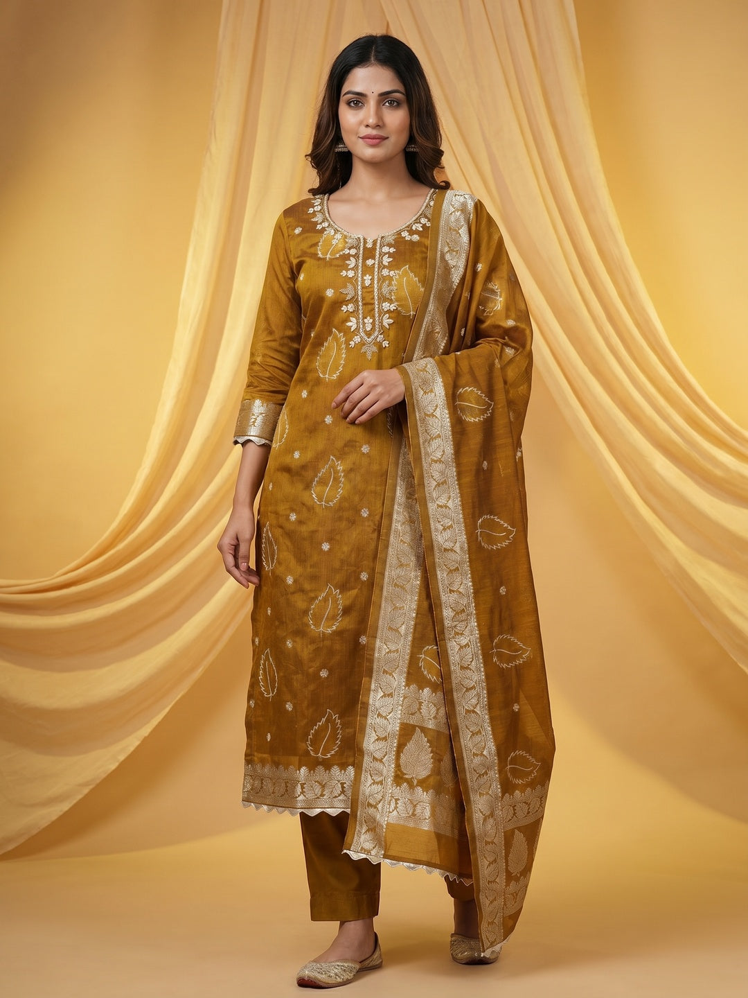 Dark Mustard Floral Woven With Handwork Chanderi Banarasi Dress Material - Image 1