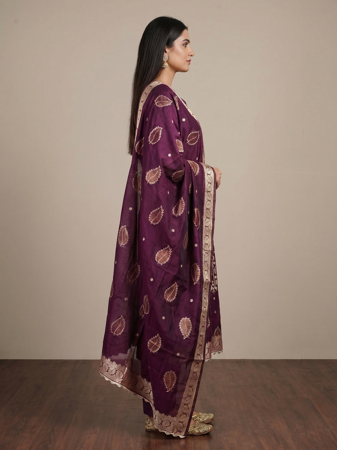 Purple Floral Woven With Handwork Chanderi Banarasi Dress Material - Image 2