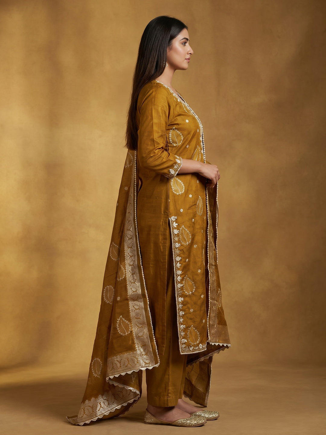 Dark Mustard Floral Woven With Handwork Chanderi Banarasi Dress Material - Image 3