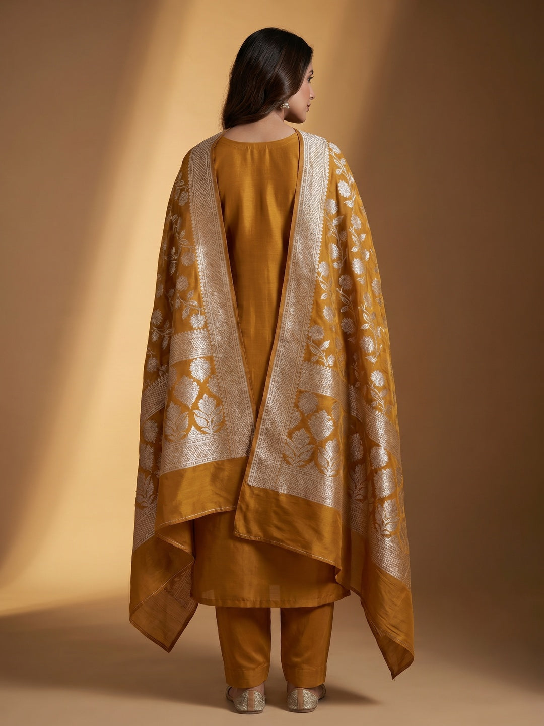 Dark Mustard Floral Woven With Handwork Chanderi Banarasi Dress Material - Image 2