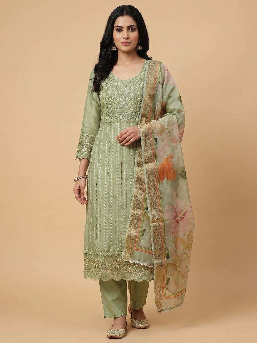 Green Floral Sequins Embroidered Cotton Silk Dress Material - Image 1