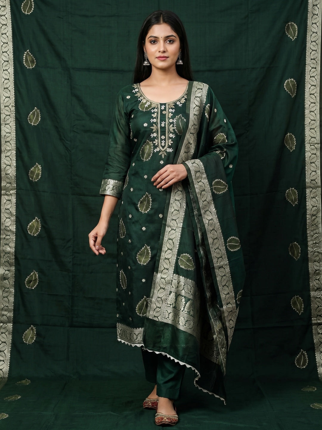 Green Floral Woven With Handwork Chanderi Banarasi Dress Material - Image 1