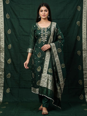 Green Floral Woven With Handwork Chanderi Banarasi Dress Material - Image 1