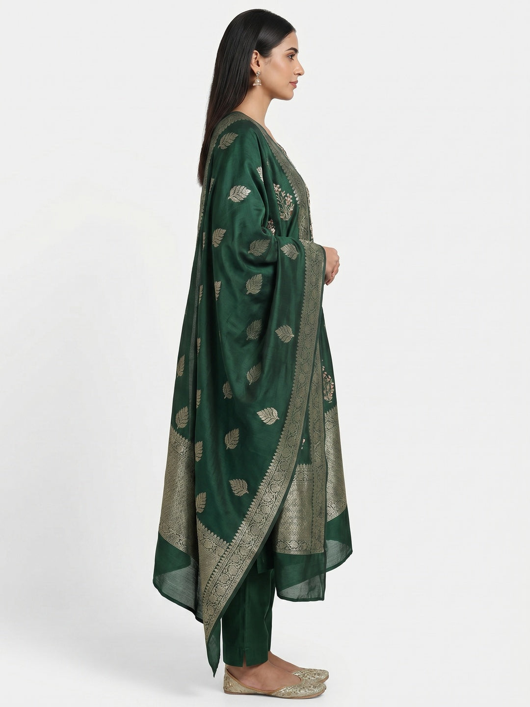 Green Floral Woven With Handwork Chanderi Banarasi Dress Material - Image 2
