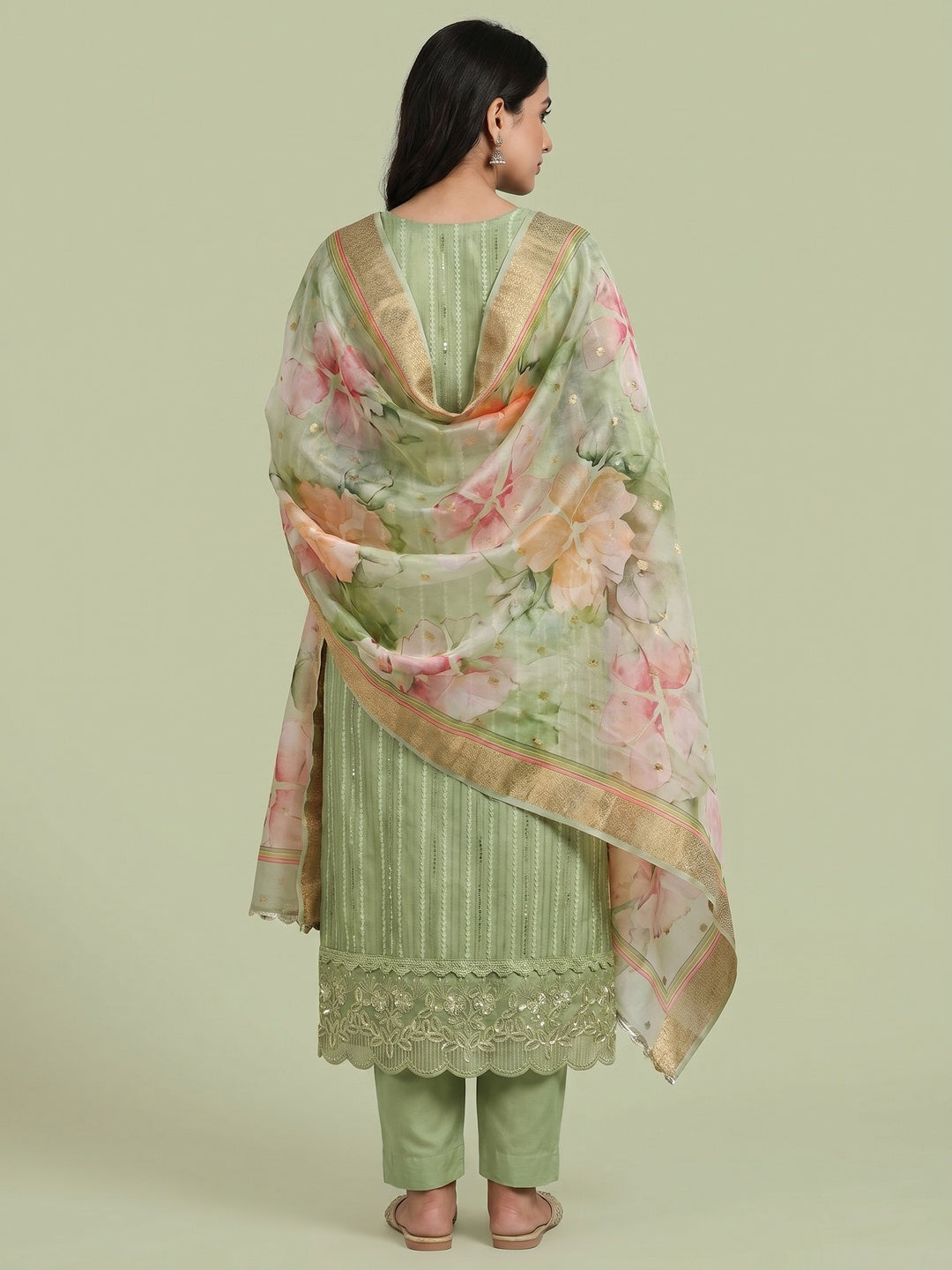 Green Floral Sequins Embroidered Cotton Silk Dress Material - Image 3