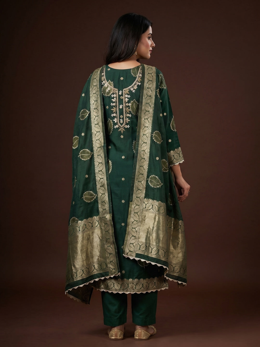 Green Floral Woven With Handwork Chanderi Banarasi Dress Material - Image 3