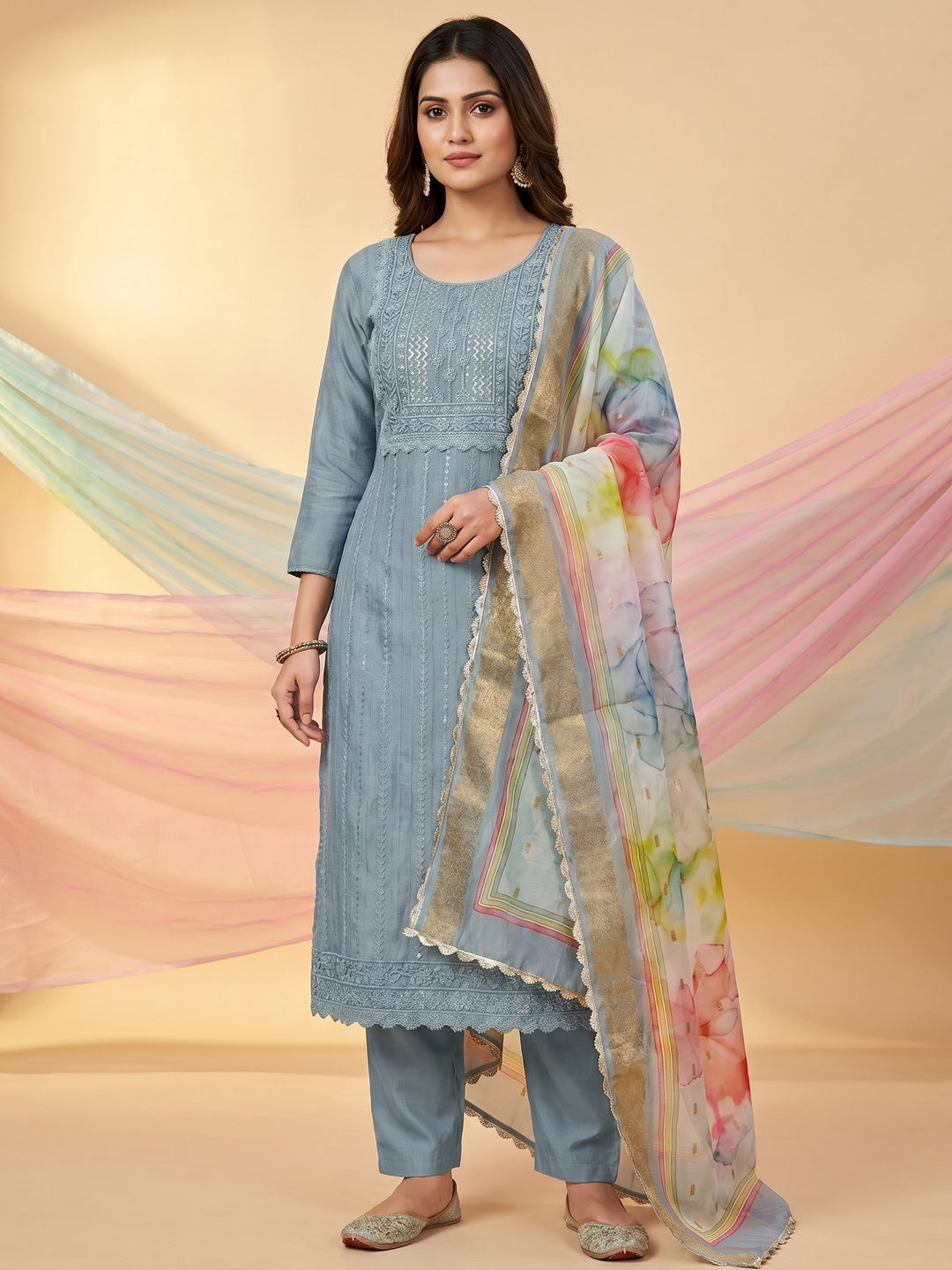 Grey Floral Sequins Embroidered Cotton Silk Dress Material - Image 1