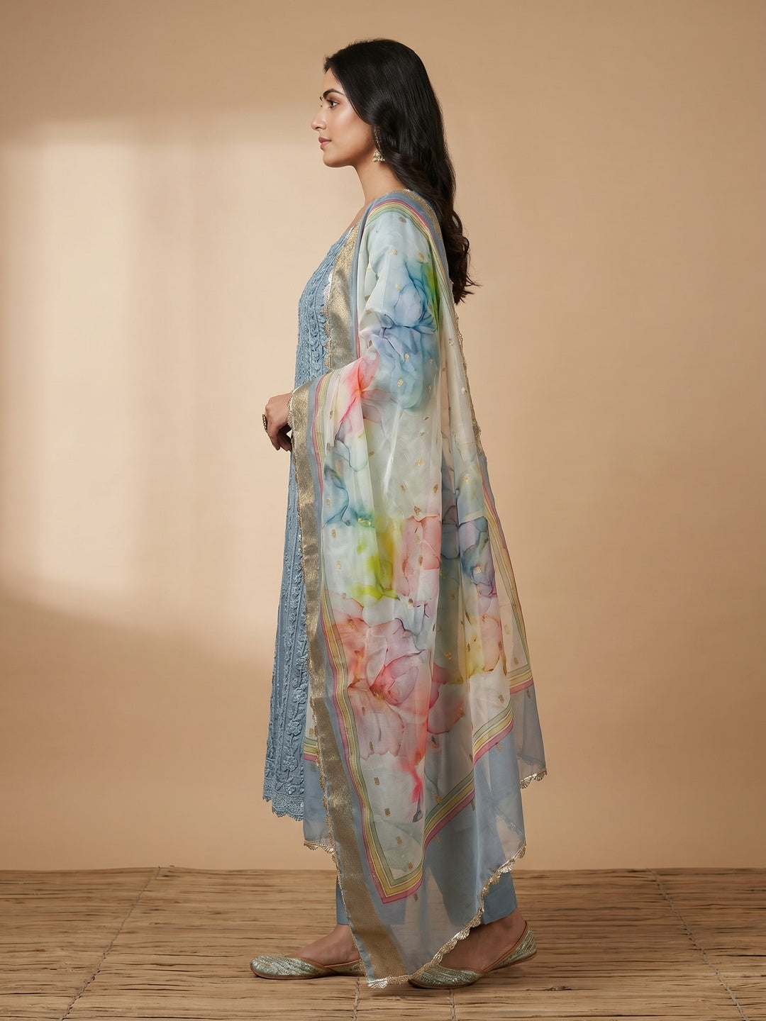 Grey Floral Sequins Embroidered Cotton Silk Dress Material - Image 3