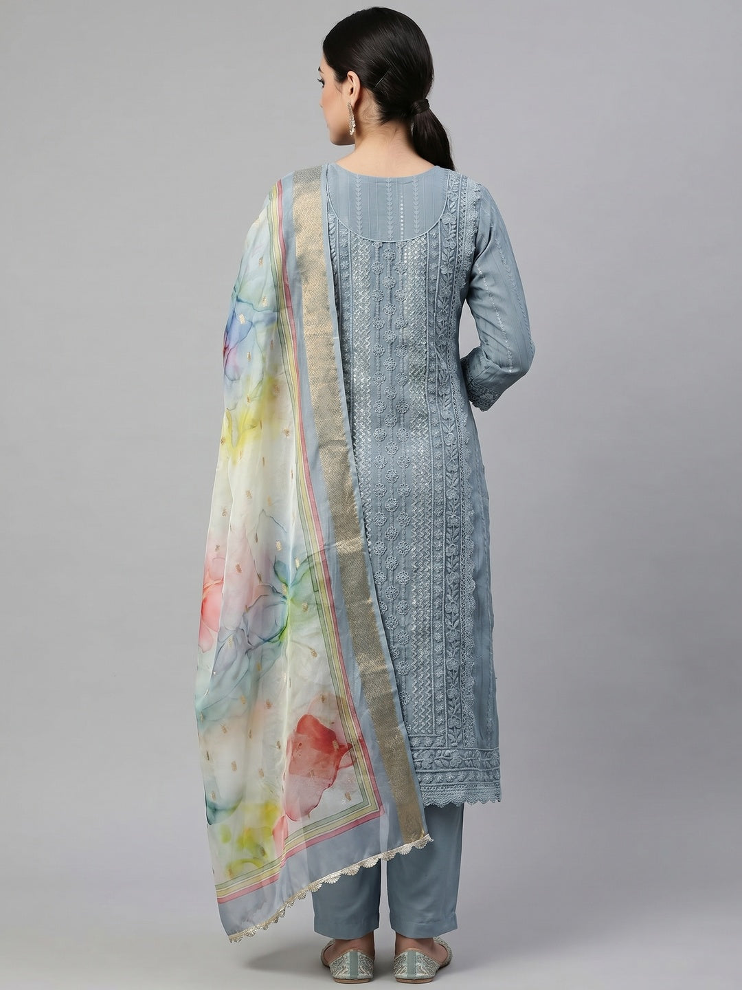 Grey Floral Sequins Embroidered Cotton Silk Dress Material - Image 2