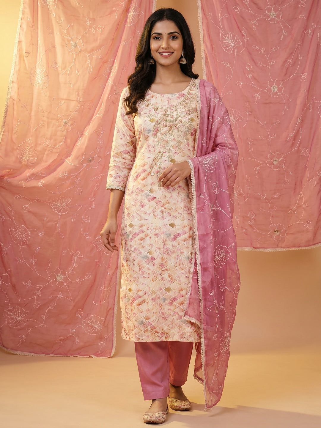 Cream & Pink Printed With Handwork Pure Cotton Dress Material - Image 1