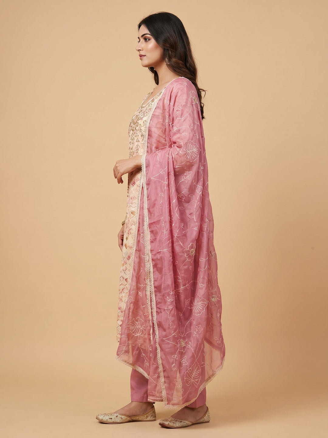Cream & Pink Printed With Handwork Pure Cotton Dress Material - Image 2