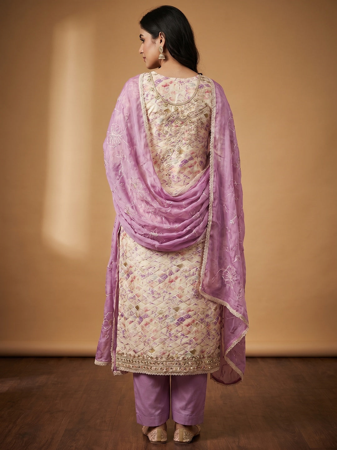 Cream & Purple Printed With Handwork Pure Cotton Dress Material - Image 3