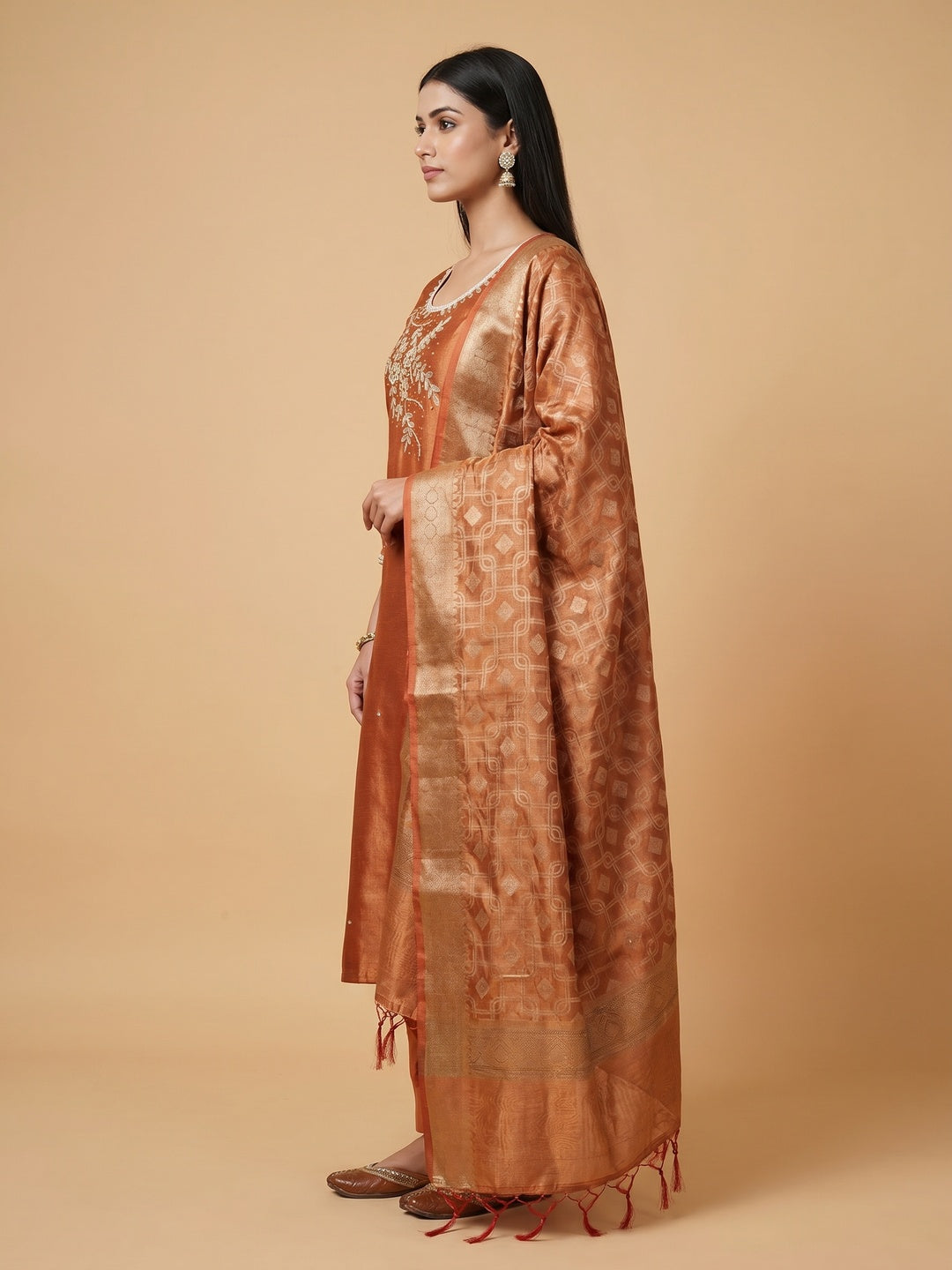 Rust Orange Floral Moti With Gota Patti Handwork Viscose Dress Material - Image 2