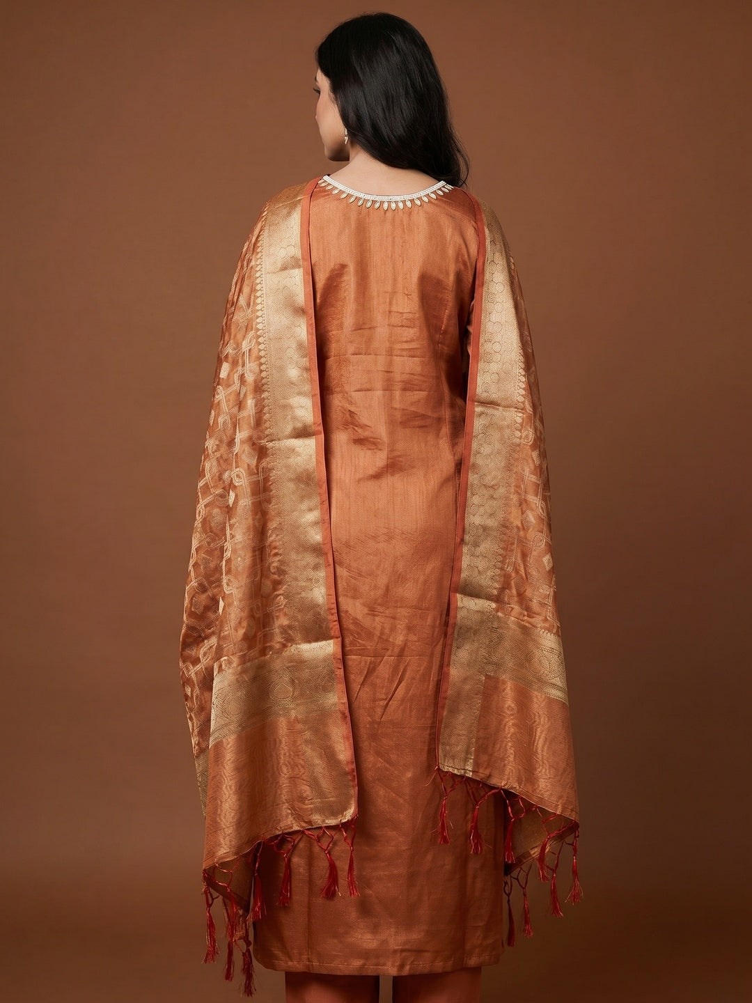 Rust Orange Floral Moti With Gota Patti Handwork Viscose Dress Material - Image 3