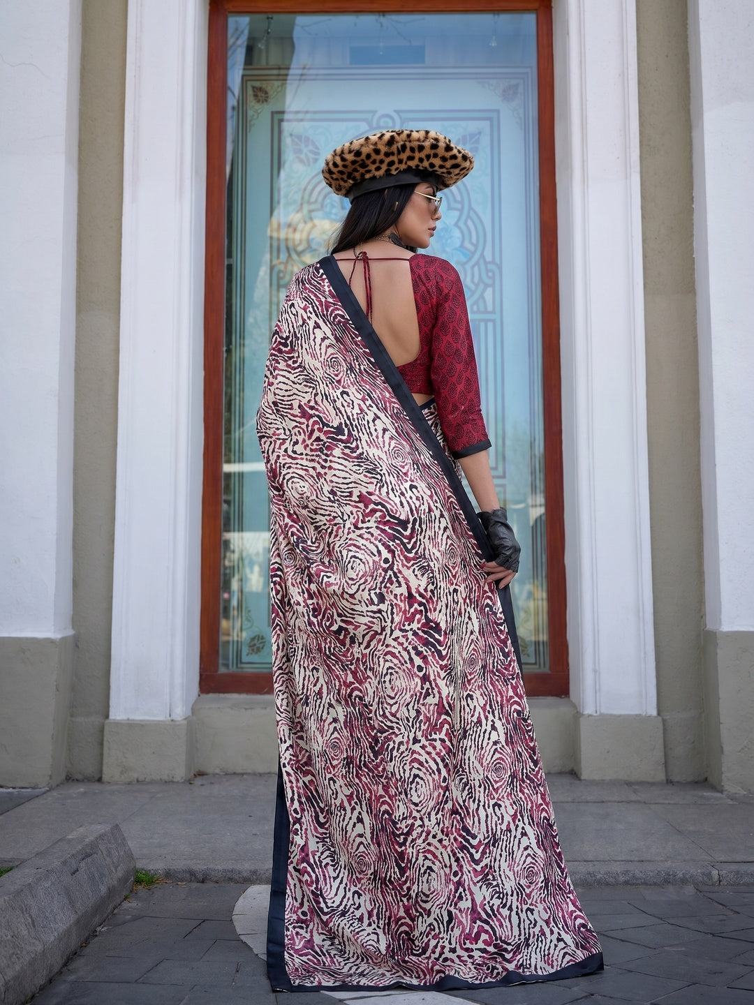 White & Maroon Contemporary Printed Satin Saree - Image 1