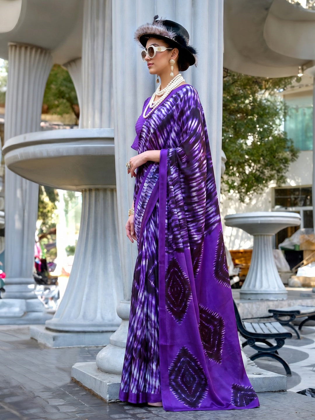 Violet Contemporary Printed Satin Saree - Image 1