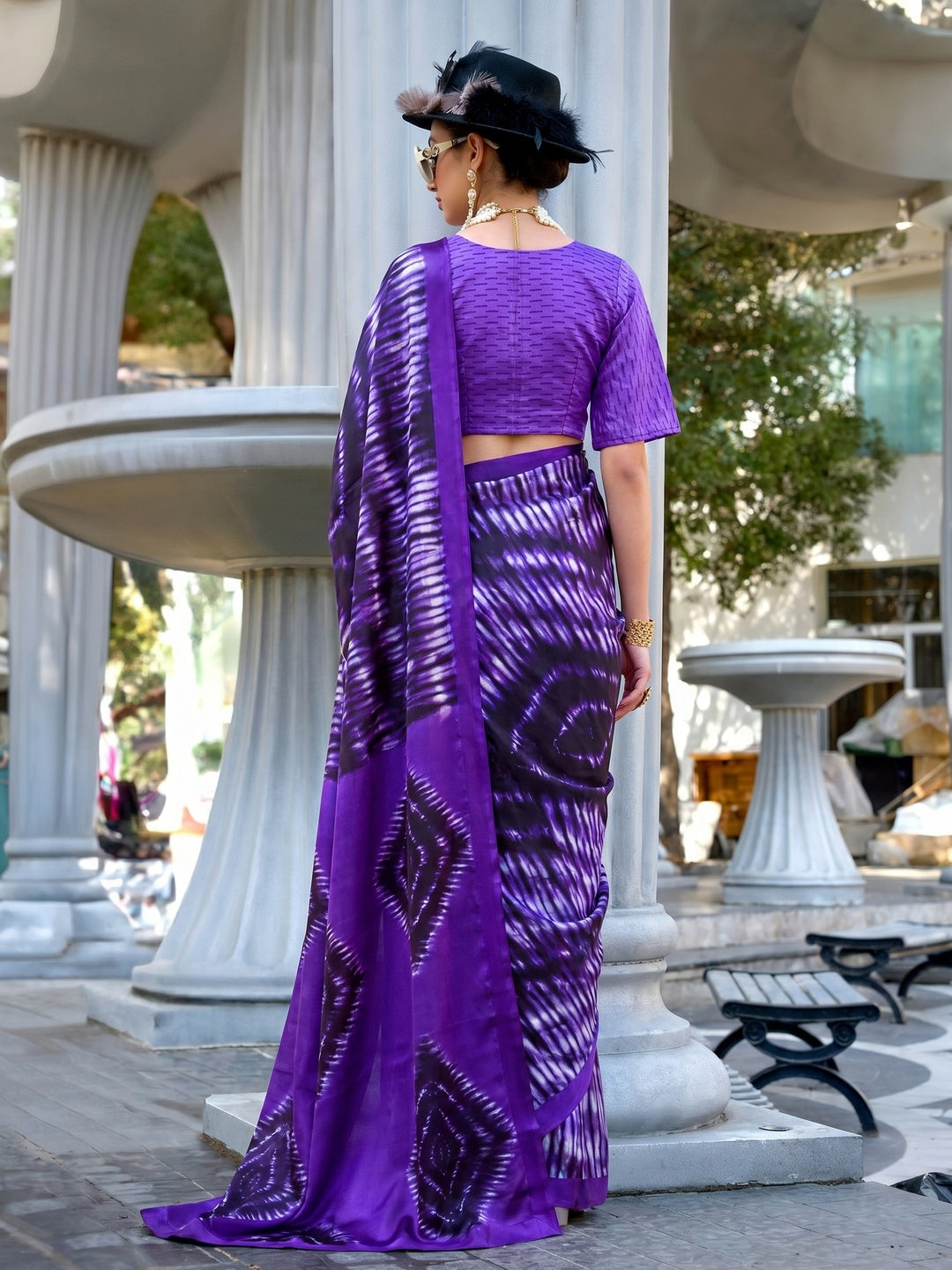 Violet Contemporary Printed Satin Saree - Image 2