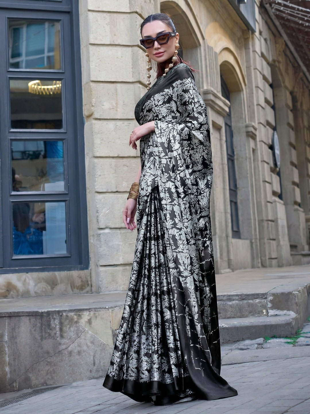 Grey & Black Contemporary Printed Satin Saree - Image 1