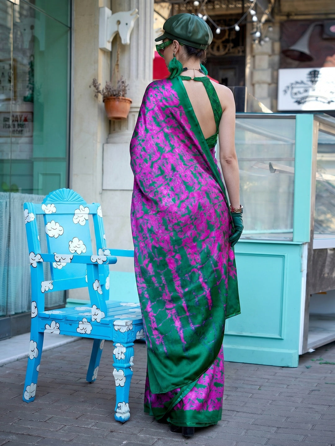 Green & Pink Contemporary Printed Satin Saree - Image 1