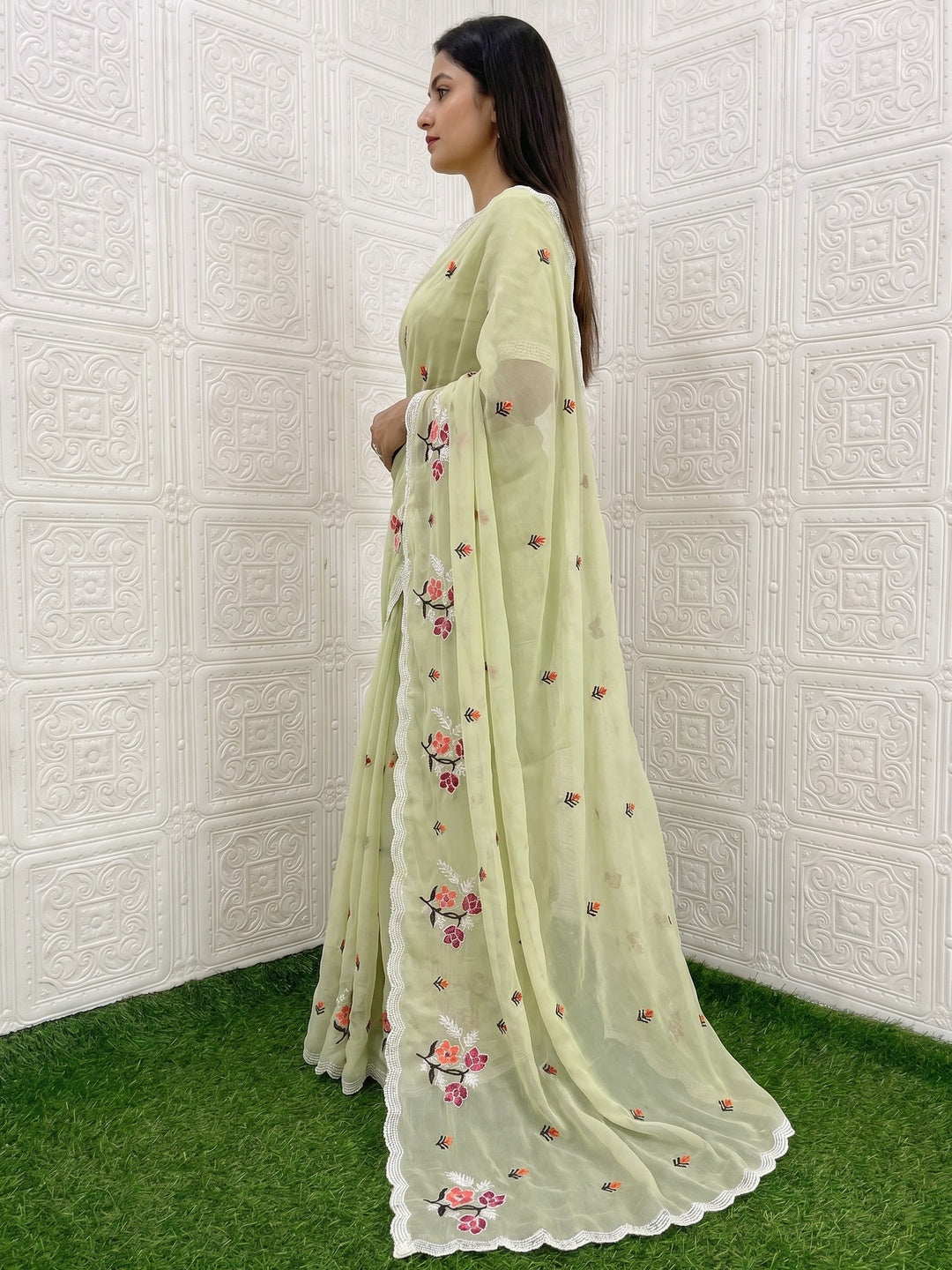 Light Green Floral Embroidered Chiffon Saree - Image 3