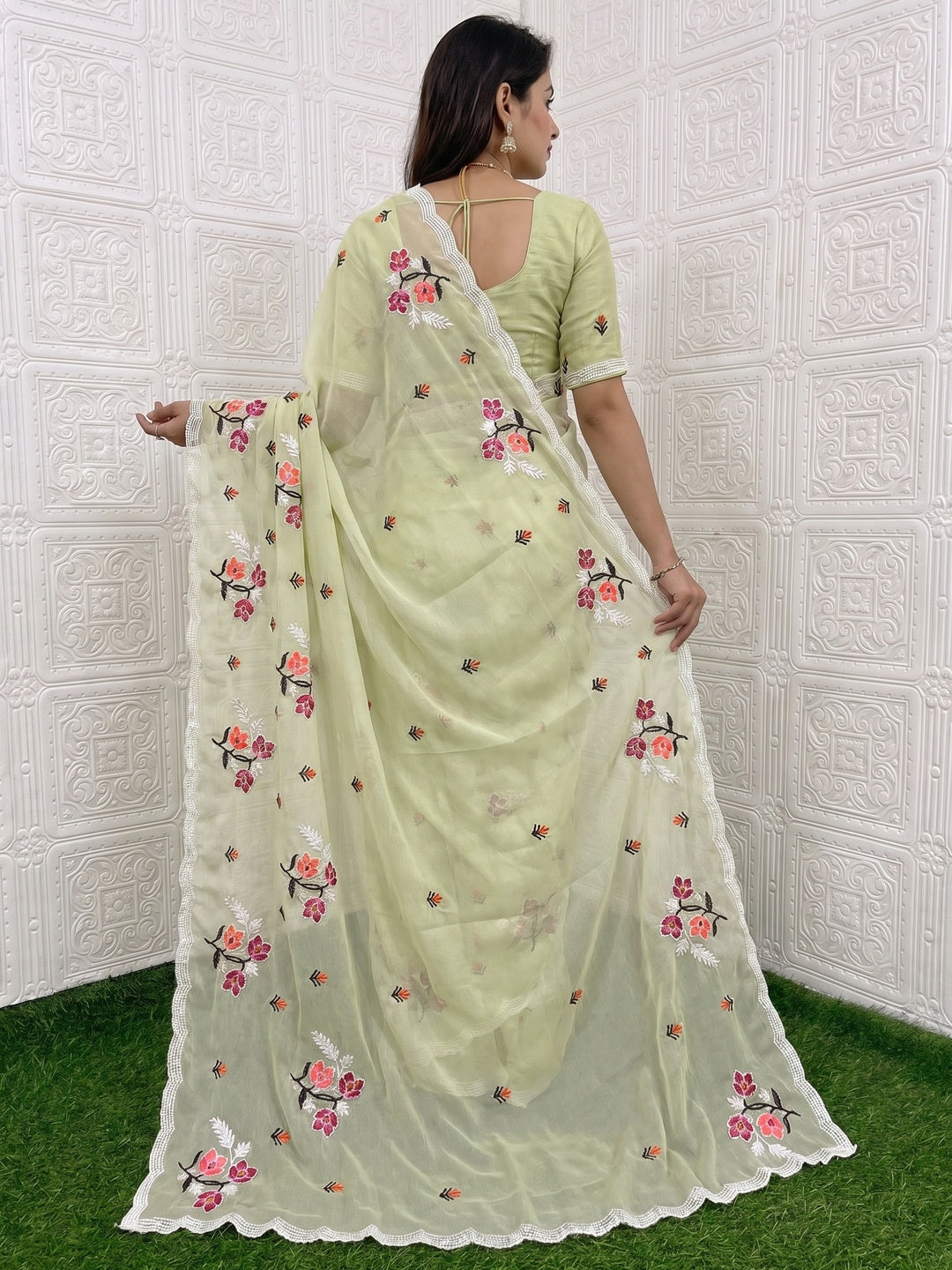 Light Green Floral Embroidered Chiffon Saree - Image 2