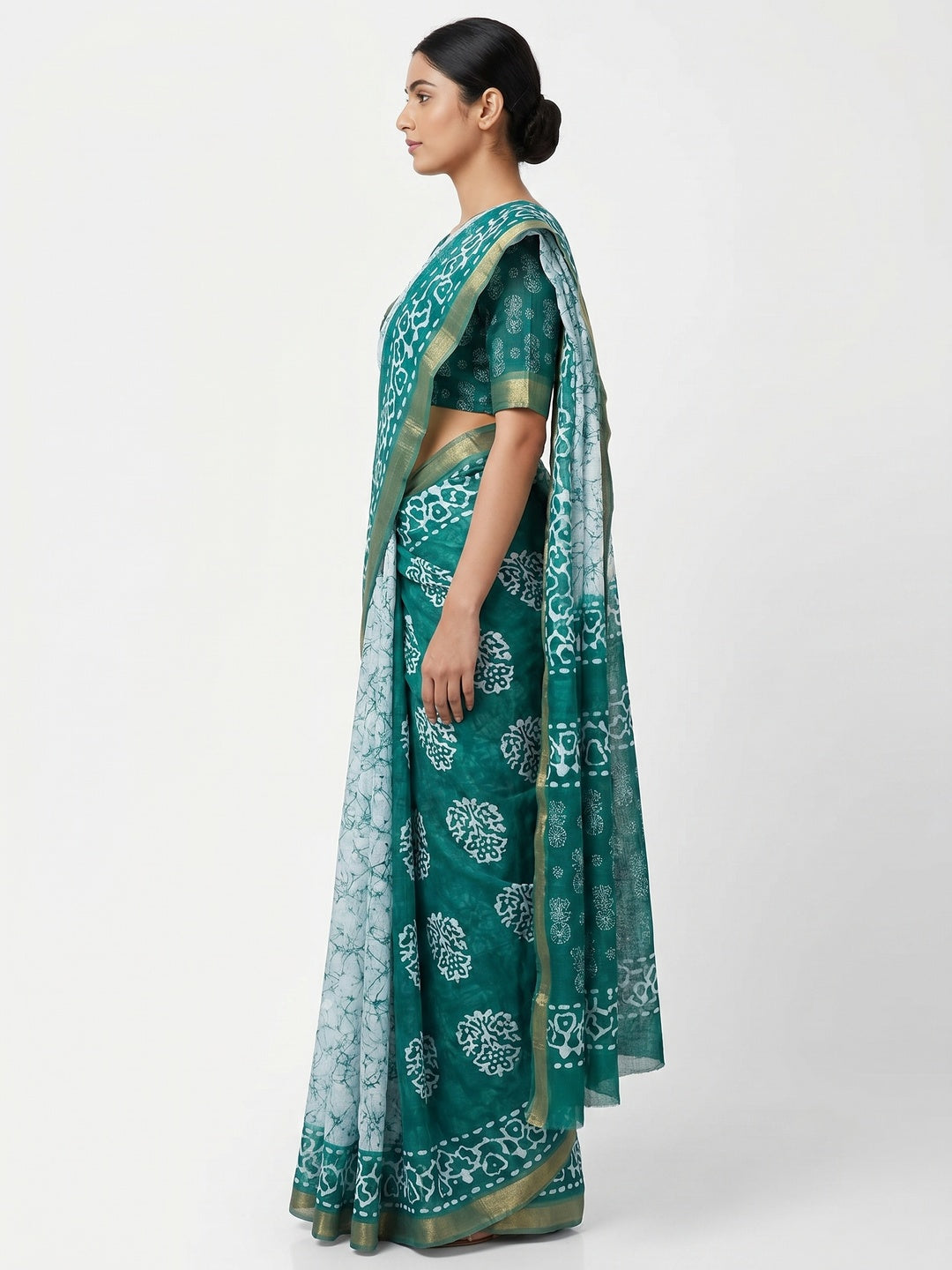 Rama Green Digital Printed Linen Saree With Zari Border - Image 3
