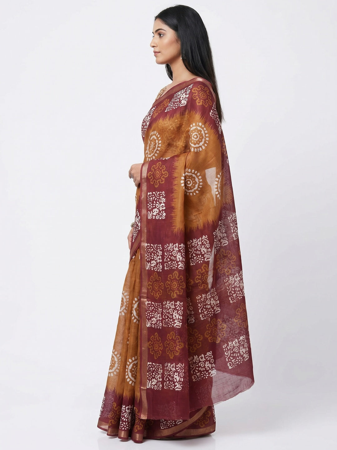Brown & Wine Digital Printed Linen Saree With Zari Border - Image 2