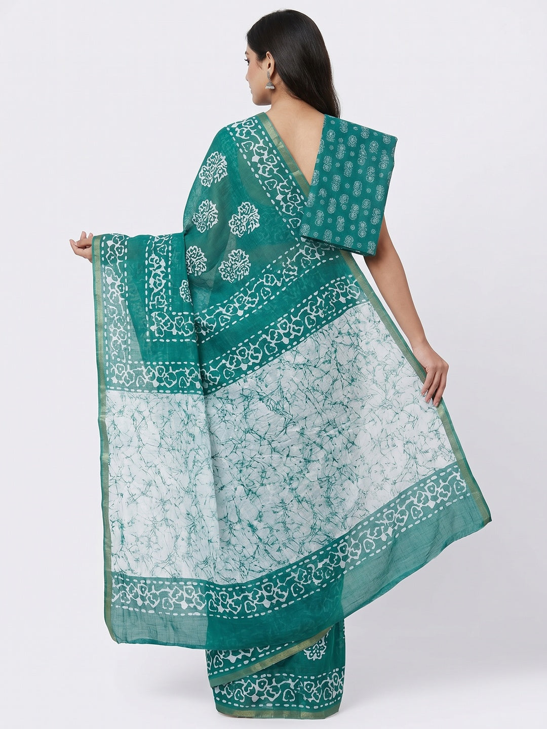 Rama Green Digital Printed Linen Saree With Zari Border - Image 2