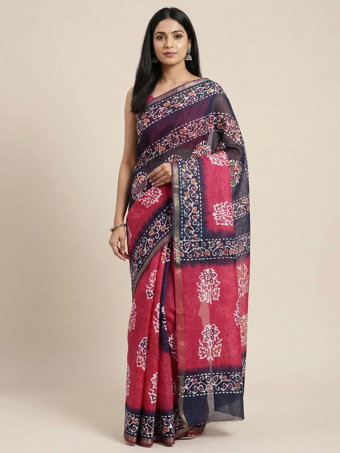 Pink & Blue Digital Printed Linen Saree With Zari Border - Image 1