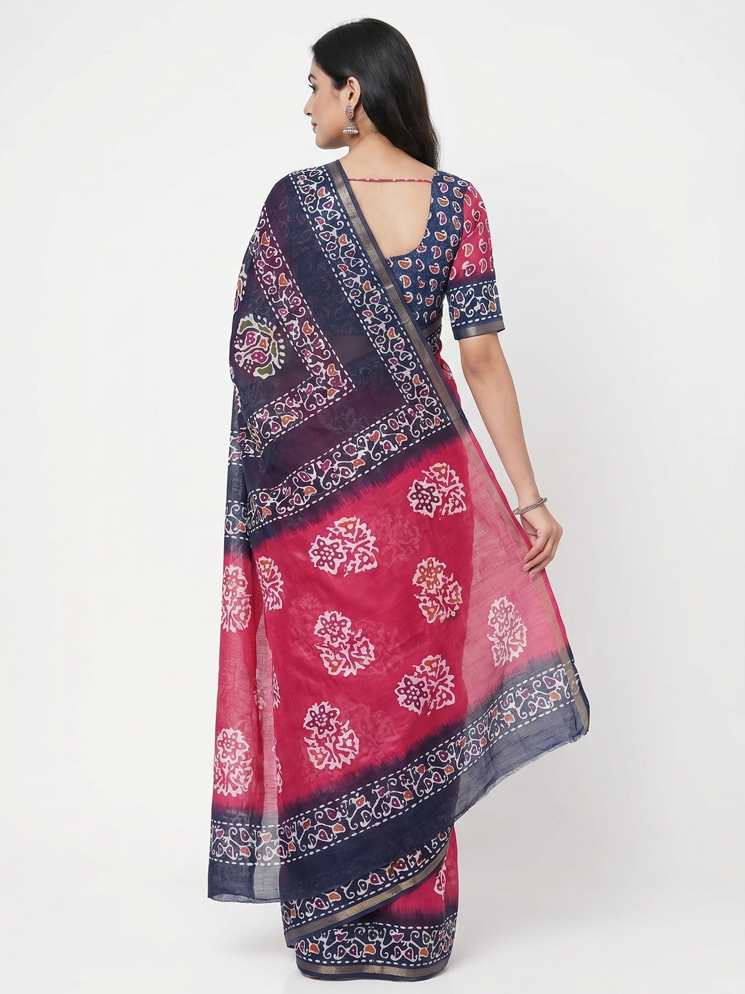 Pink & Blue Digital Printed Linen Saree With Zari Border - Image 3