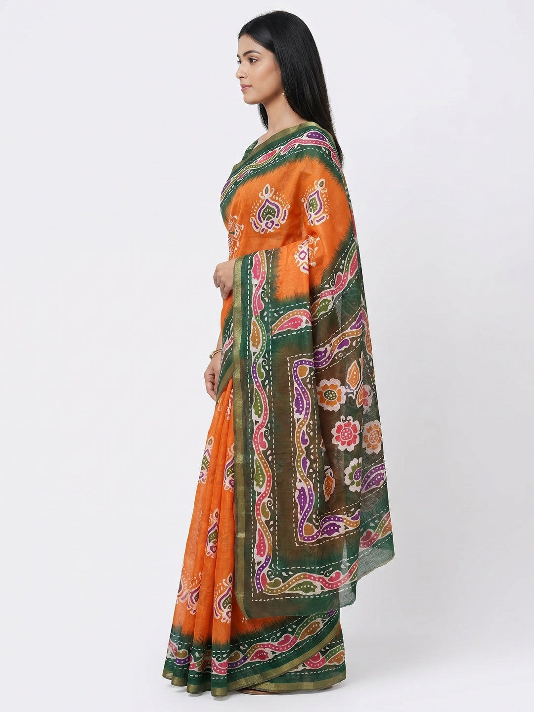 Orange & Green Digital Printed Linen Saree With Zari Border - Image 3