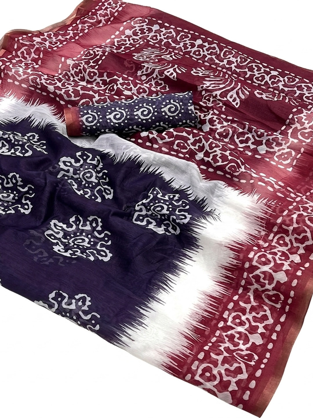 Blue & Maroon Digital Printed Linen Saree With Zari Border - Image 3