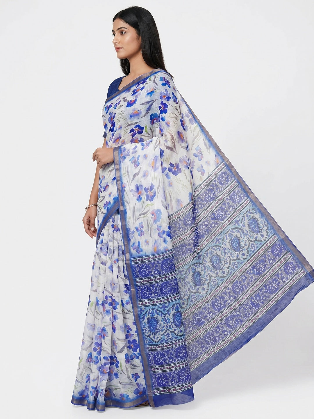 White & Blue Floral Digital Printed Linen Saree With Zari Border - Image 1