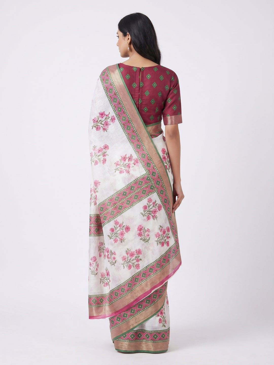 White & Pink Floral Digital Printed Linen Saree With Zari Border - Image 2