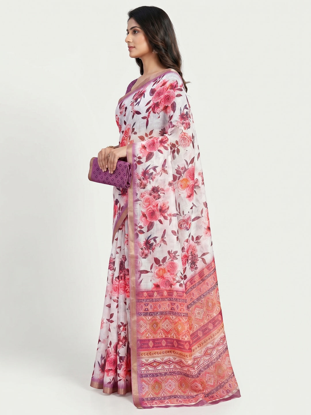 White & Pink Floral Digital Printed Linen Saree With Zari Border - Image 2