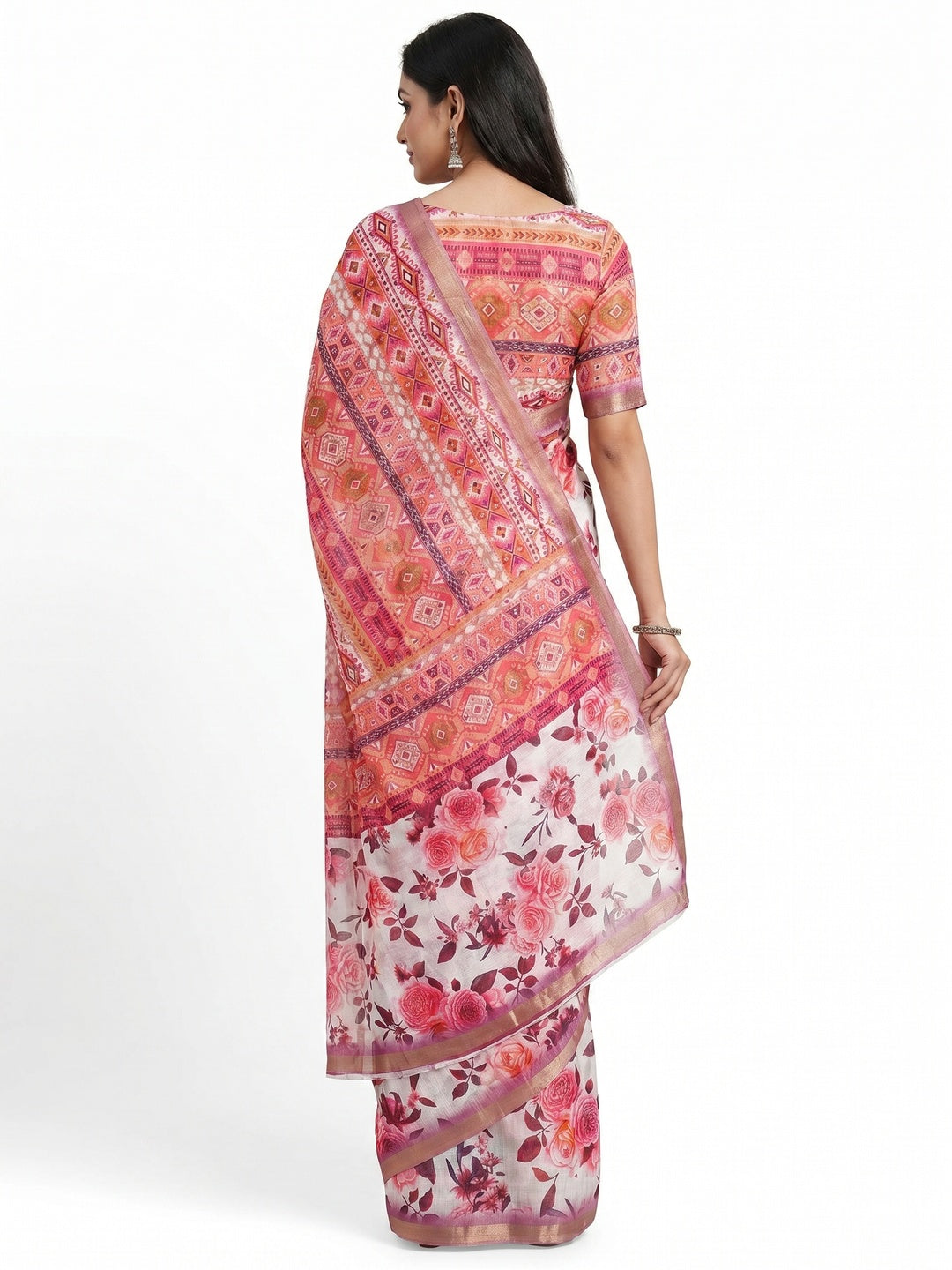 White & Pink Floral Digital Printed Linen Saree With Zari Border - Image 3