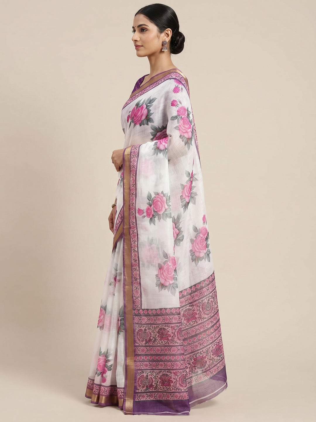 White & Pink Floral Digital Printed Linen Saree With Zari Border - Image 2