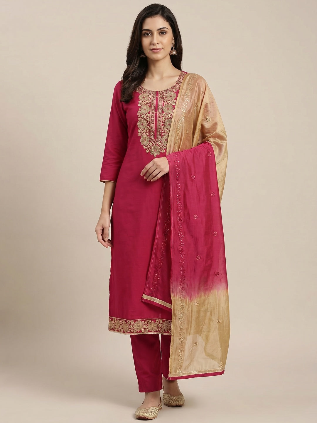 Pink Floral Sequins Embroidered Pure Cotton Dress Material - Image 1