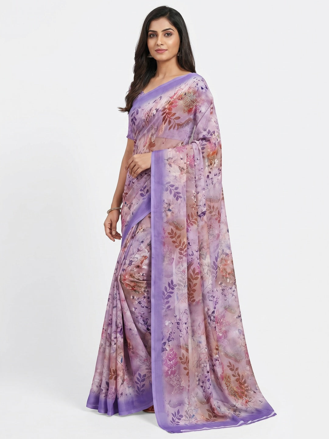 Lavender Floral Digital Printed Georgette Saree - Image 1