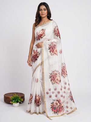 White Floral Printed Chanderi Saree - Image 1