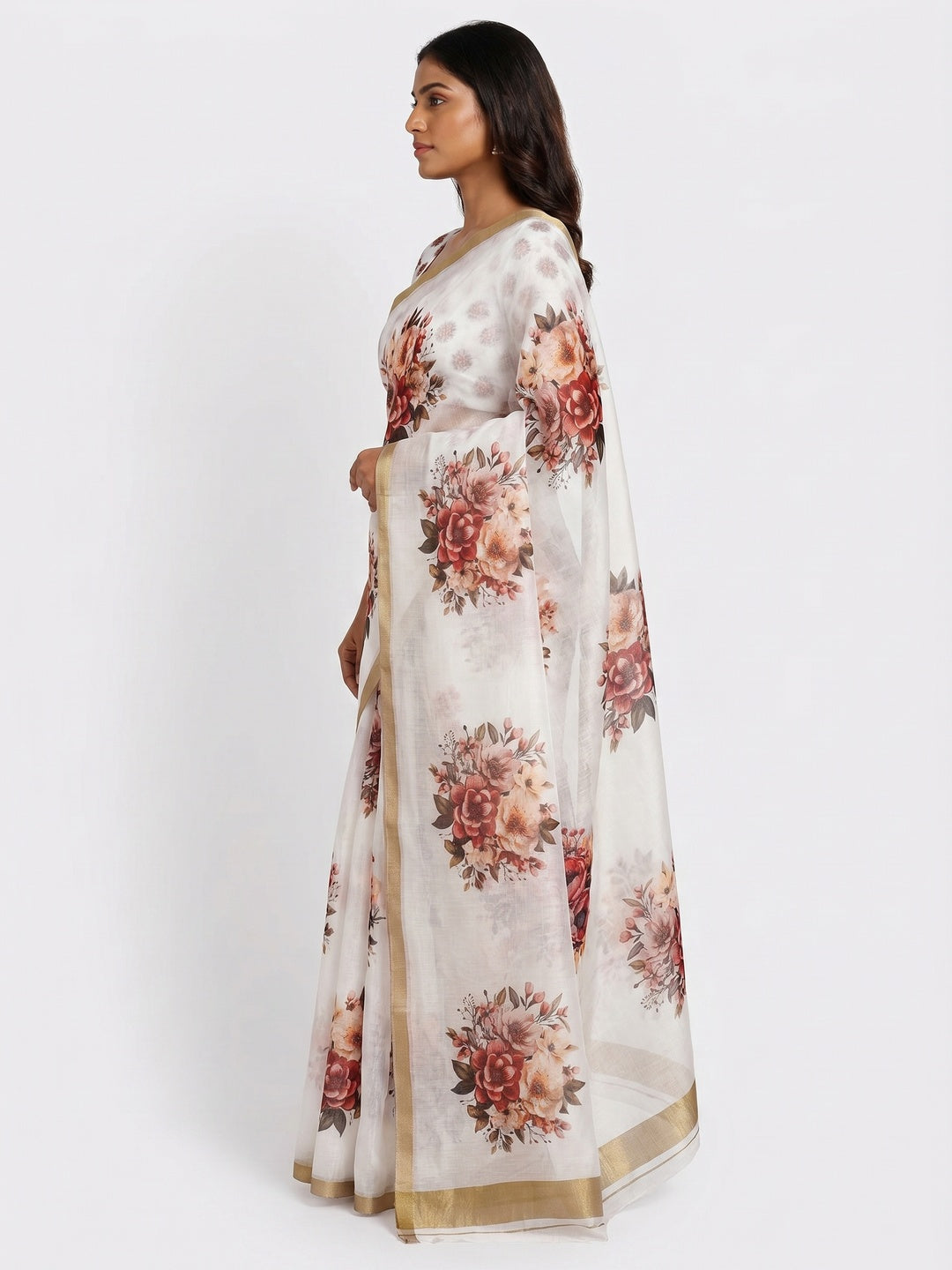 White Floral Printed Chanderi Saree - Image 2