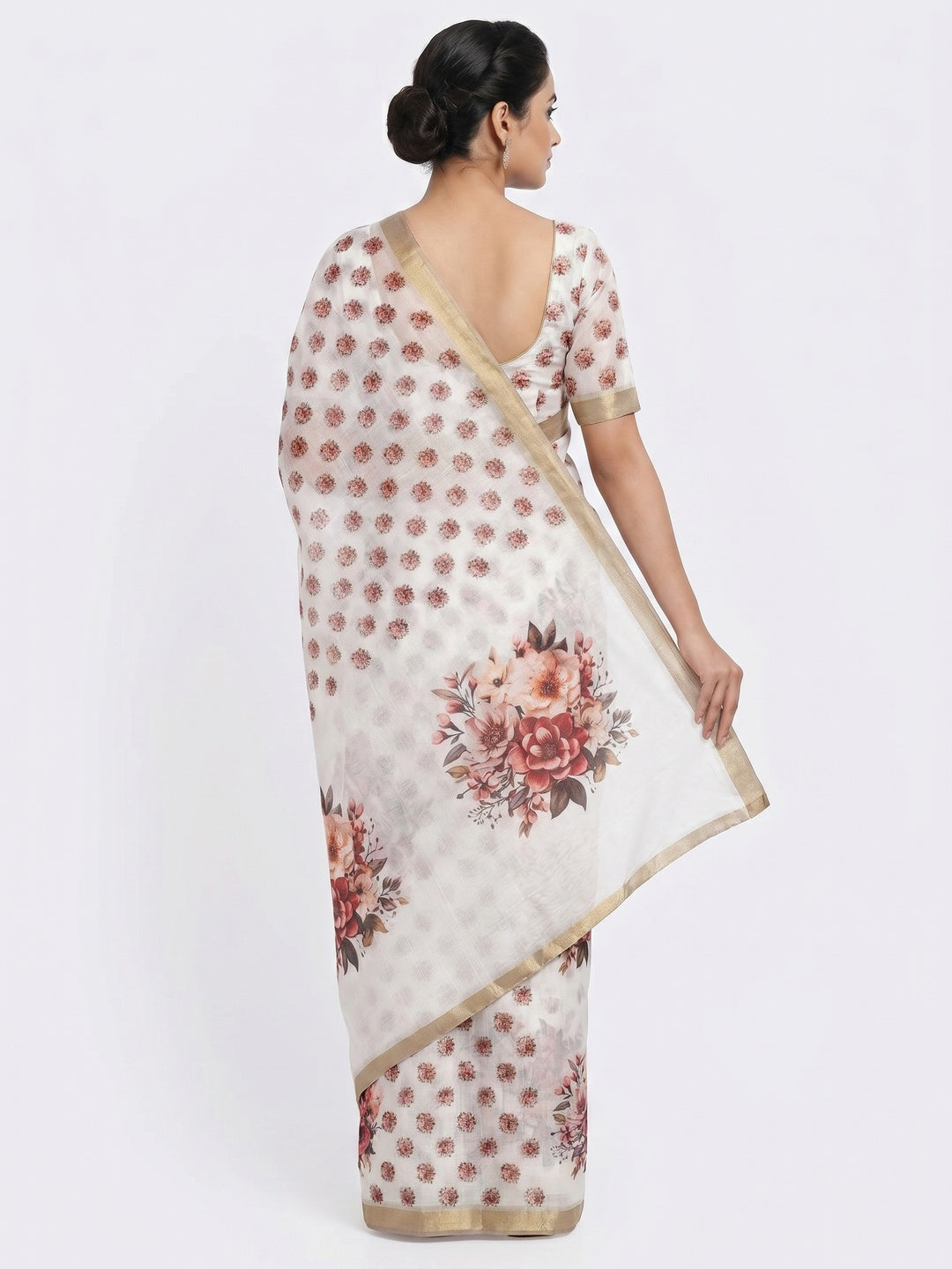White Floral Printed Chanderi Saree - Image 3