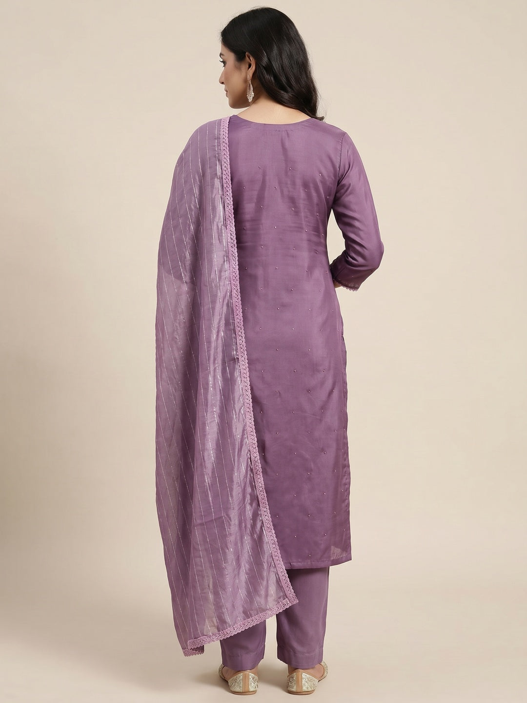 Purple Floral Embroidery With Stonework Chanderi Silk Dress Material - Image 2