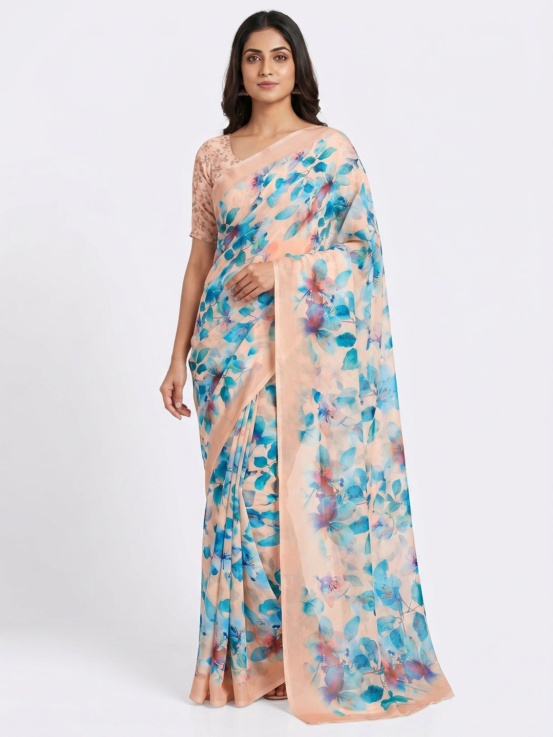 Peach & Blue Floral Digital Printed Georgette Saree - Image 1
