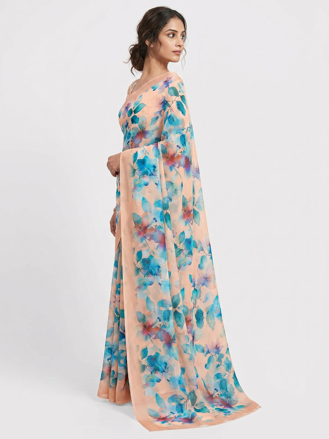 Peach & Blue Floral Digital Printed Georgette Saree - Image 3