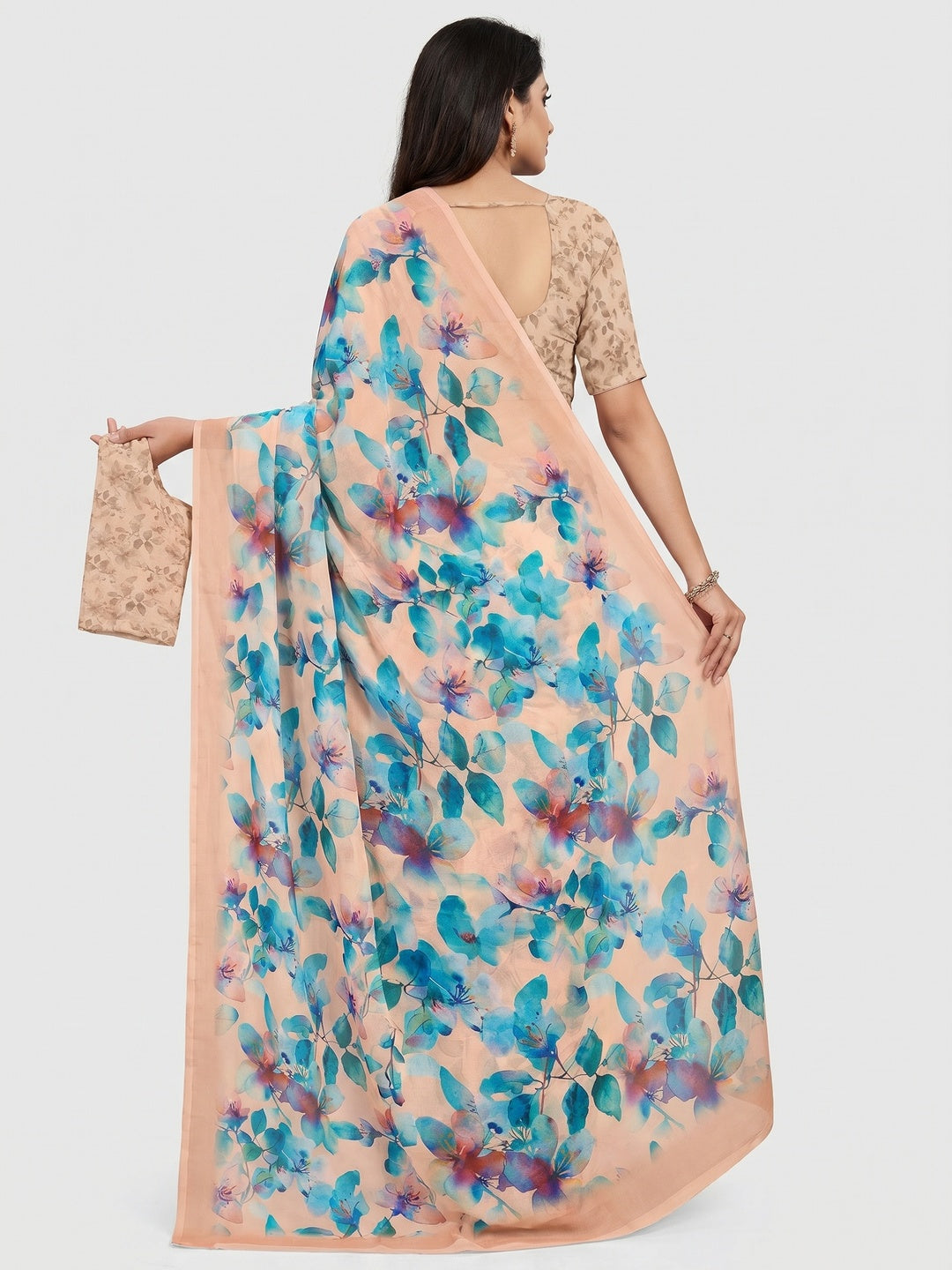 Peach & Blue Floral Digital Printed Georgette Saree - Image 2