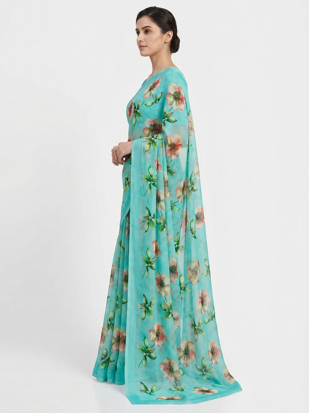 Turquoise Floral Digital Printed Georgette Saree - Image 2