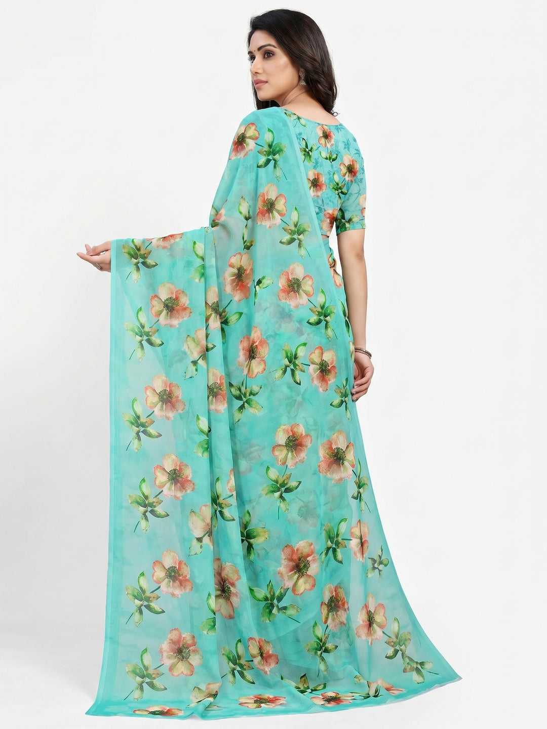 Turquoise Floral Digital Printed Georgette Saree - Image 3