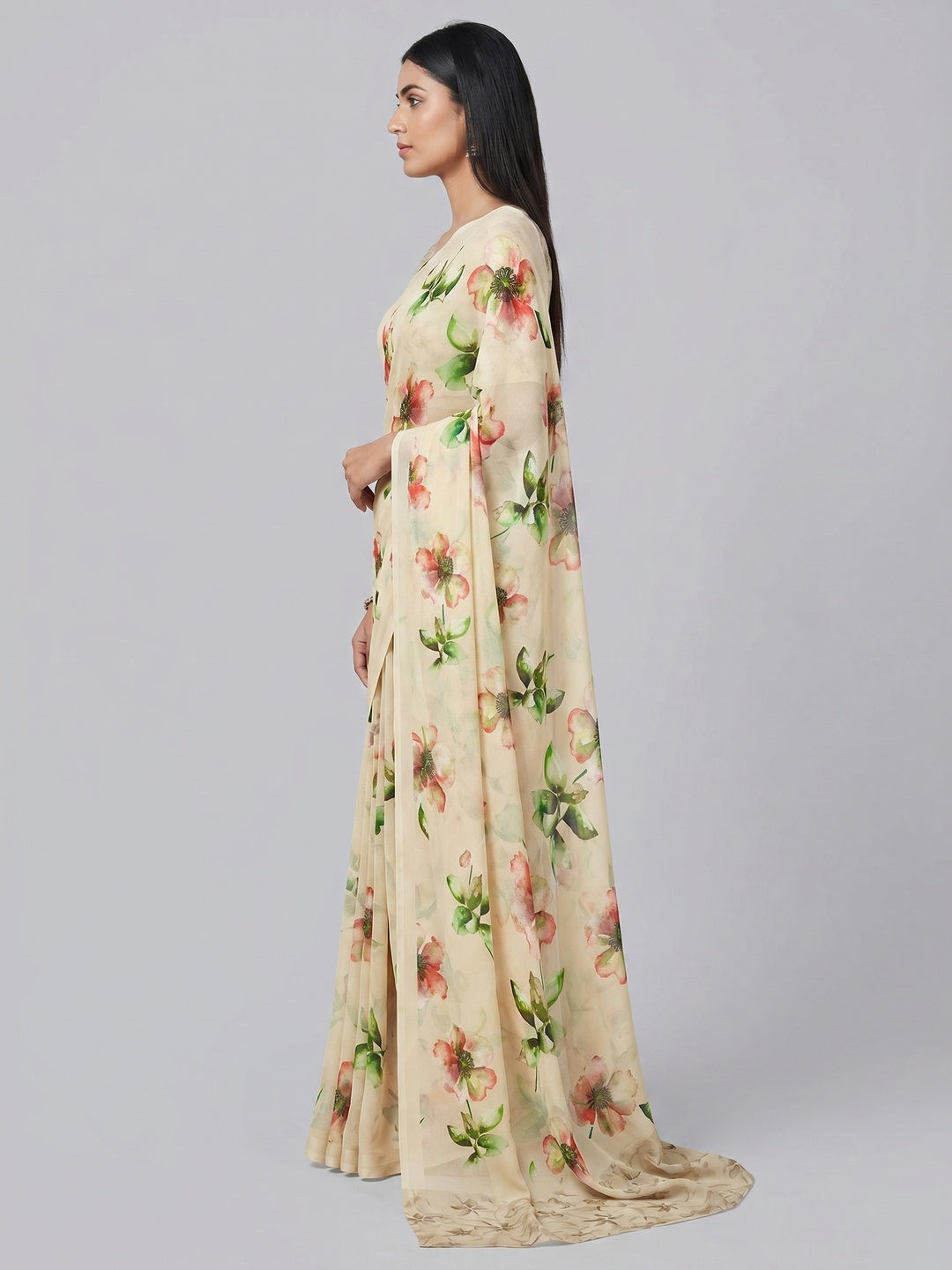Cream Floral Digital Printed Georgette Saree - Image 2